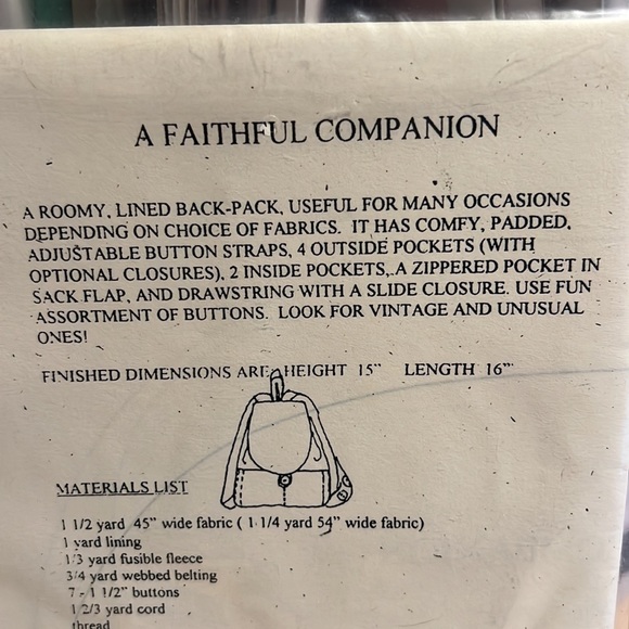 Favorite Things A Faithful Companion backpack sewing pattern uncut factory fold - Picture 3 of 4